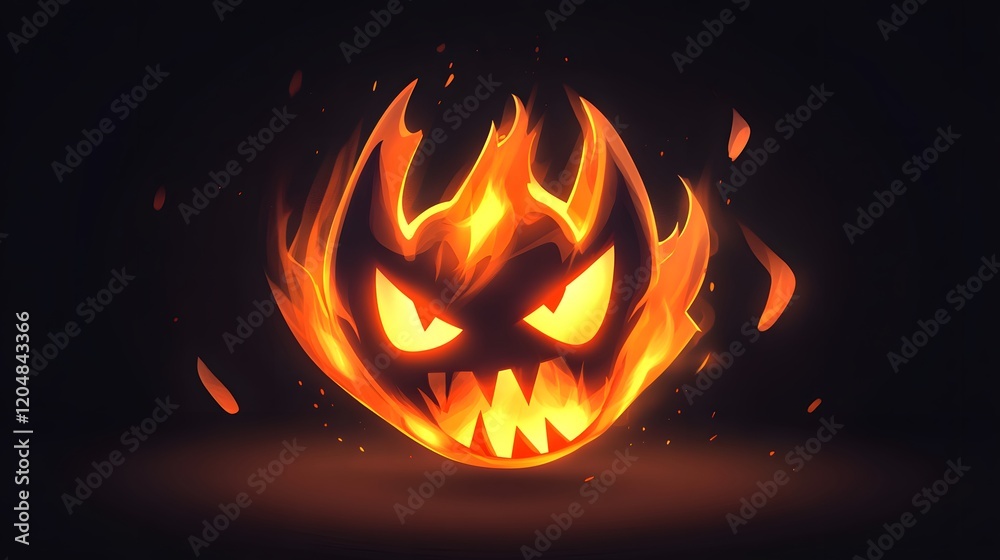 Fiery Ghost Face with Flames and Intense Expression in Darkness