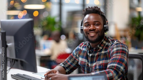 Smiling IT Help Desk Technician Assisting Customer at Call Center