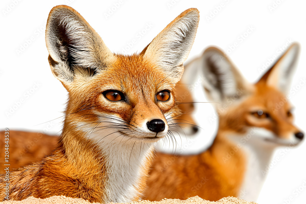 Obraz premium Three Alert Red Foxes with Bright Eyes Against a White Background