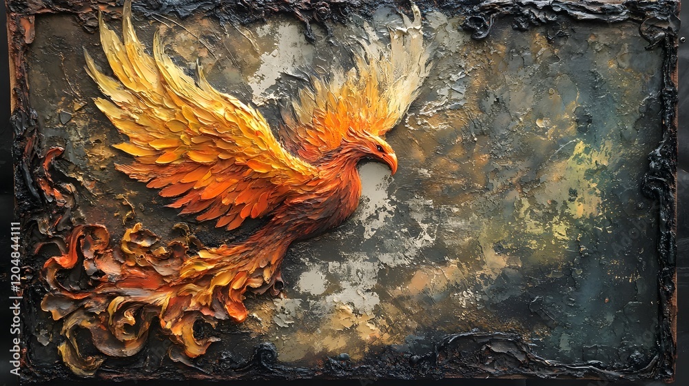 Fototapeta premium Majestic Phoenix Rising with Vibrant Feathers and Textured Background