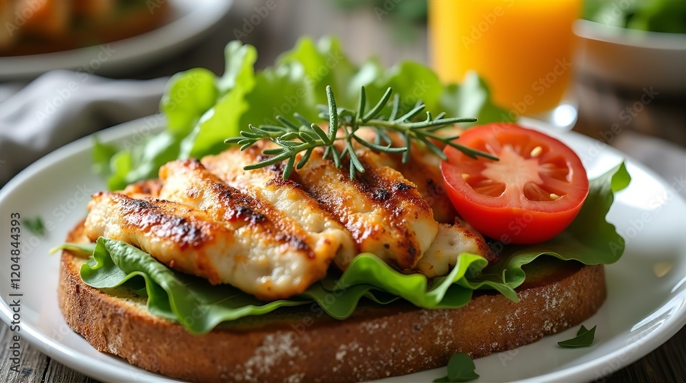 Grilled Chicken Breast on Toasted Bread, Crisp Lettuce, Juicy Tomato Slice, Fresh Rosemary Sprig, Served with Orange Juice, Close Up, Low Angle, Natural Light, Rustic, Wooden Surface Grilled Chicken Breast on Toasted Bread, Crisp Lettuce, Juicy Tomato Slice, Fresh Rosemary Sprig, Served with Orange Juice, Close Up, Low Angle, Natural Light, Rustic, Wooden Surface