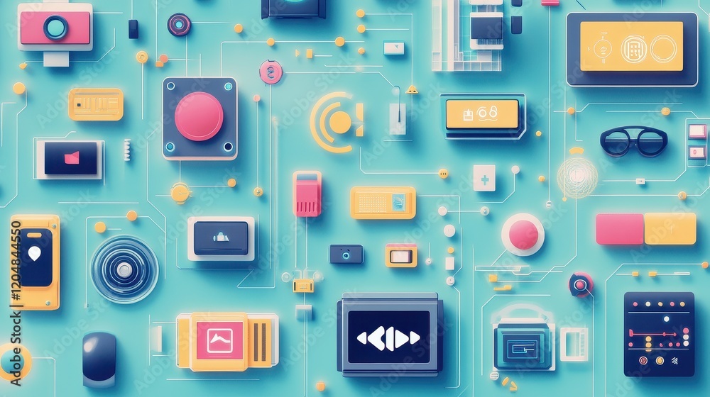 seamless IoT integration flat design top view futuristic theme animation colored pastel seamless IoT integration flat design top view futuristic theme animation colored pastel