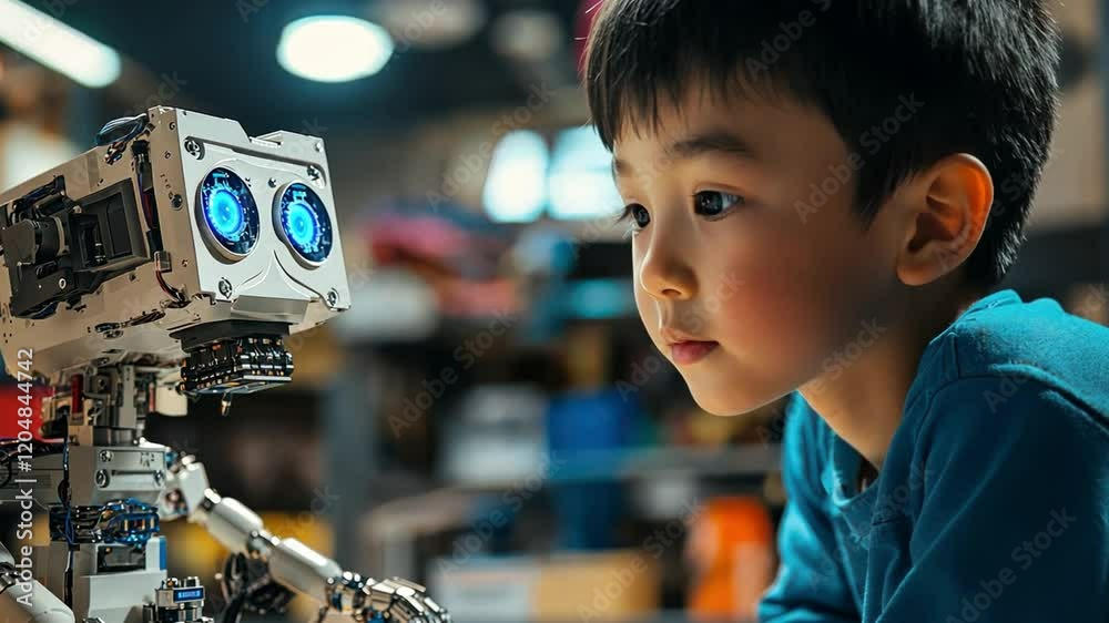 A boy robotics enthusiast learns about breakthroughs in the robotics and automation industry, inspiring his passion for creating smart machines