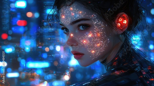 Futuristic Portrait of a Woman with Digital Patterns on Her Face and Neon Background