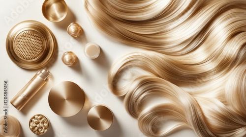 Blonde wavy hair spread out beside a variety of hair care products photo