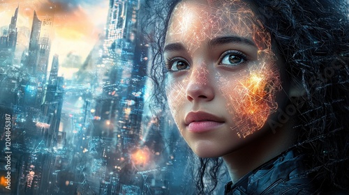 Futuristic Portrait of a Young Woman with Digital Elements and City Background