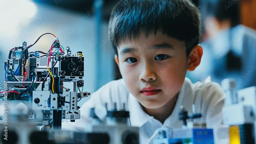 A boy robotics enthusiast learns about breakthroughs in the robotics and automation industry, inspiring his passion for creating smart machines