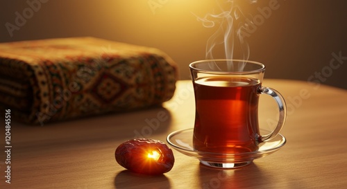 A cup of tea with a glowing date beside a prayer mat in the background, symbolizing warmth, tradition, and spirituality