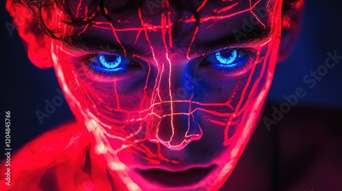 Young Person with Neon Face Art and Glowing Eyes in Futuristic Style