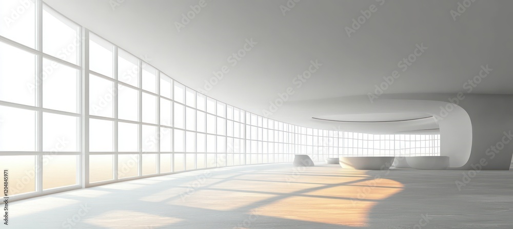 Obraz premium Minimalist Curvilinear Hall with Pristine White Windows and Soft Diffused Light