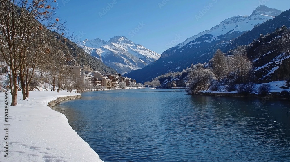 Obraz premium Snowy mountain lake winter landscape, serene village background, postcard