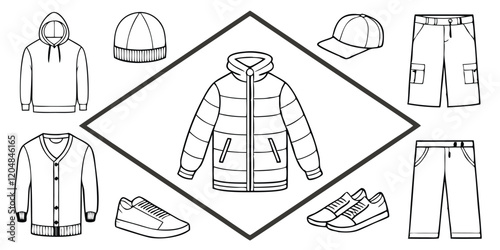 Set of silhouettes of people in various clothing styles and sports activities as icons and illustrations