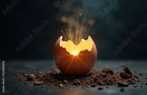 Illuminated eggshell: glowing light emerging from cracked shell on dark background photo