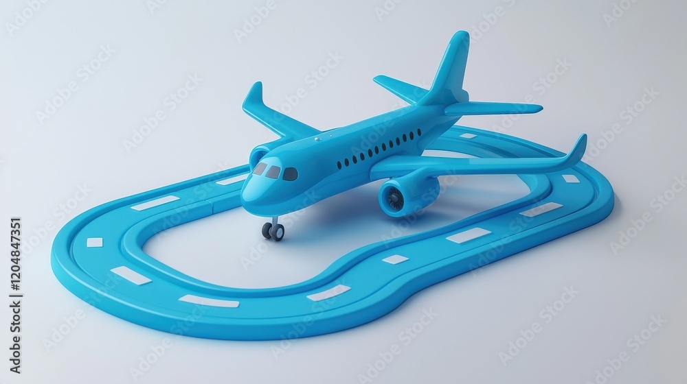 Bright Blue Airplane Model on Curved Runway in Creative Minimalist Style Bright Blue Airplane Model on Curved Runway in Creative Minimalist Style
