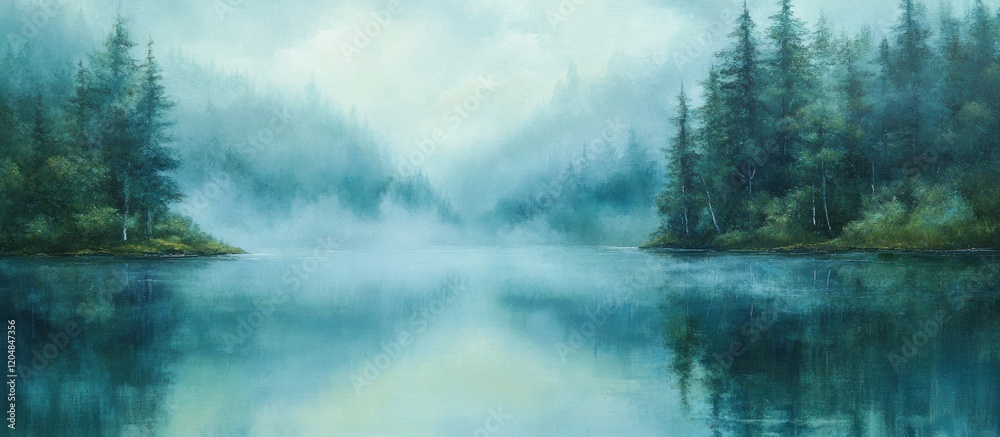 Misty Lake in the Mountains: A Serene Landscape Painting Misty Lake in the Mountains: A Serene Landscape Painting