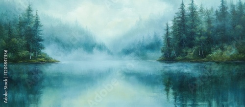 Misty Lake in the Mountains: A Serene Landscape Painting