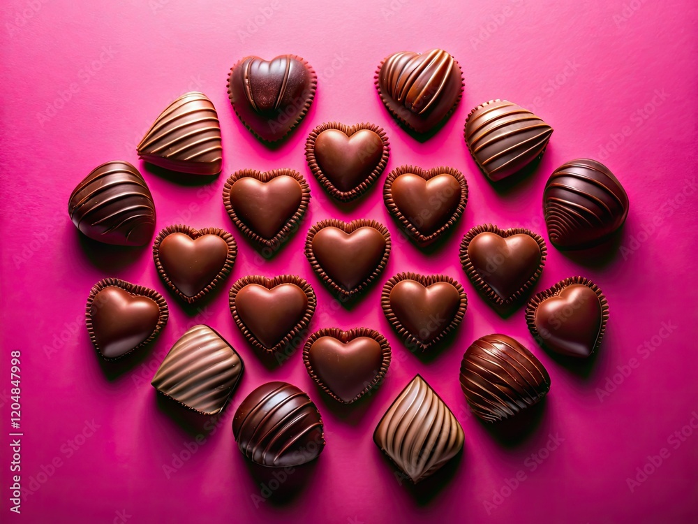 Obraz premium Silhouetted heart chocolates, a romantic dessert, beautifully framed against a soft pink backdrop.