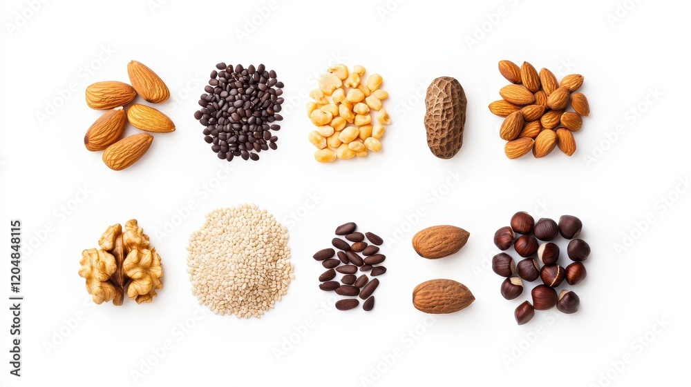Various nuts and seeds arranged in an artistic display, white isolate background Flexitarian food concept Various nuts and seeds arranged in an artistic display, white isolate background Flexitarian food concept