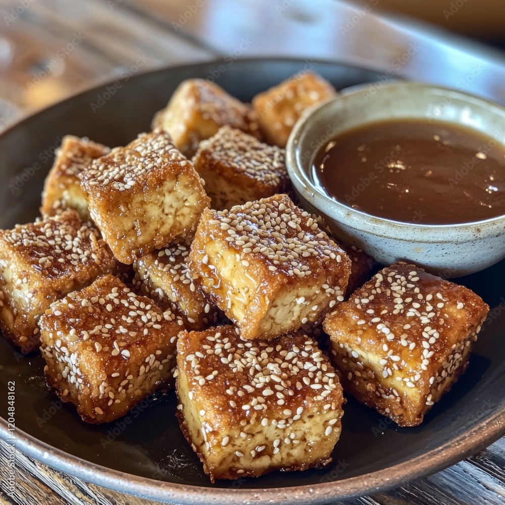 plated dish of crispy tofu, generously coated with sesame seeds, paired with an enticing dipping sauce for a satisfying flavor experience plated dish of crispy tofu, generously coated with sesame seeds, paired with an enticing dipping sauce for a satisfying flavor experience