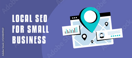 Local SEO banner with maps, location pins, star ratings, customer reviews, and analytics. Highlights boosting visibility, improving search rankings, and attracting local customers through feedback