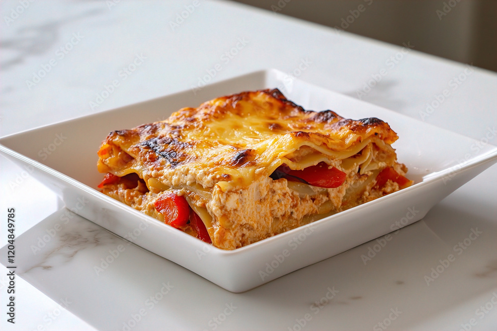 A slice of homemade lasagna made of roasted bell peppers and processed cheese. (Generative AI) A slice of homemade lasagna made of roasted bell peppers and processed cheese. (Generative AI)