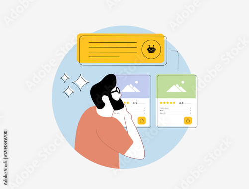 Smart shopping assistants - virtual agents, AI recommendations, product comparisons, e-commerce innovations, online retail trends and AI-powered shopping experiences in messengers illustration