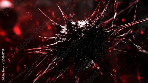 Virus with sharp spikes in a dark red aura, [virus, fear concept, pandemic imagery], [ominous tones, high contrast, cinematic look]  photo