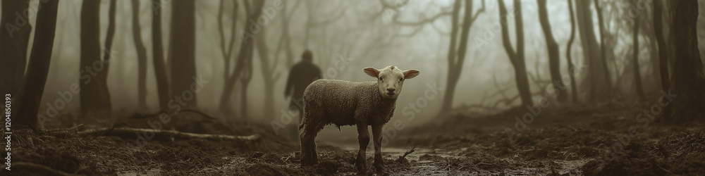Naklejka premium Touching Scene of a Muddy Lamb in a Misty Forest as a Shepherd Approaches Symbolizing Care and Redemption