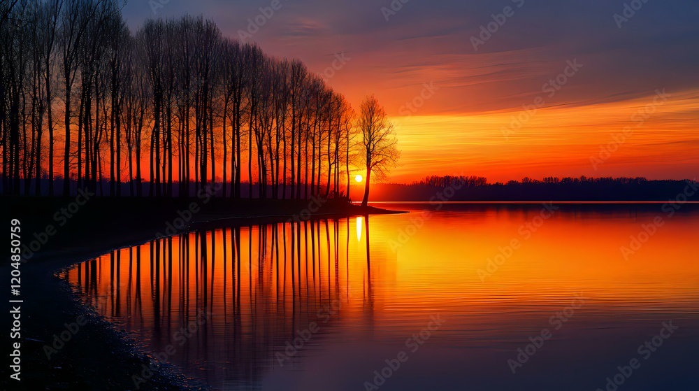 Obraz premium Sunset Reflections on a Calm Lake