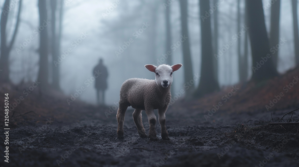 Fototapeta premium Touching Scene of a Muddy Lamb in a Misty Forest as a Shepherd Approaches Symbolizing Care and Redemption