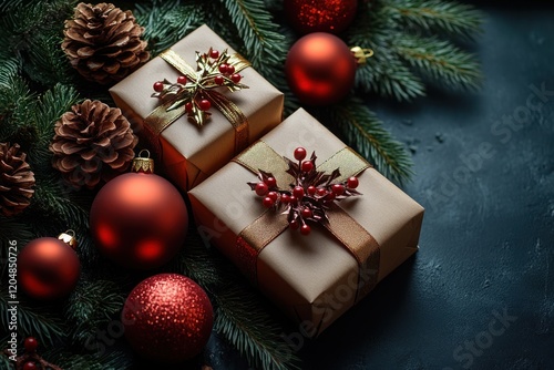 Christmas Decorations Flat Lay with Red Ornaments Gift Box Pine Cones and Candy Cane on Black Fabric Background