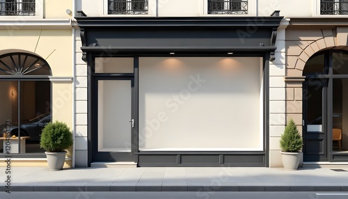 A small shop front mockup featuring a clean and modern facade with a large display window, set on a charming European street. Ideal for branding and business presentations