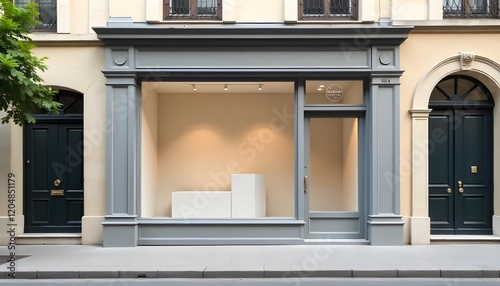 A small shop front mockup featuring a clean and modern facade with a large display window, set on a charming European street. Ideal for branding and business presentations