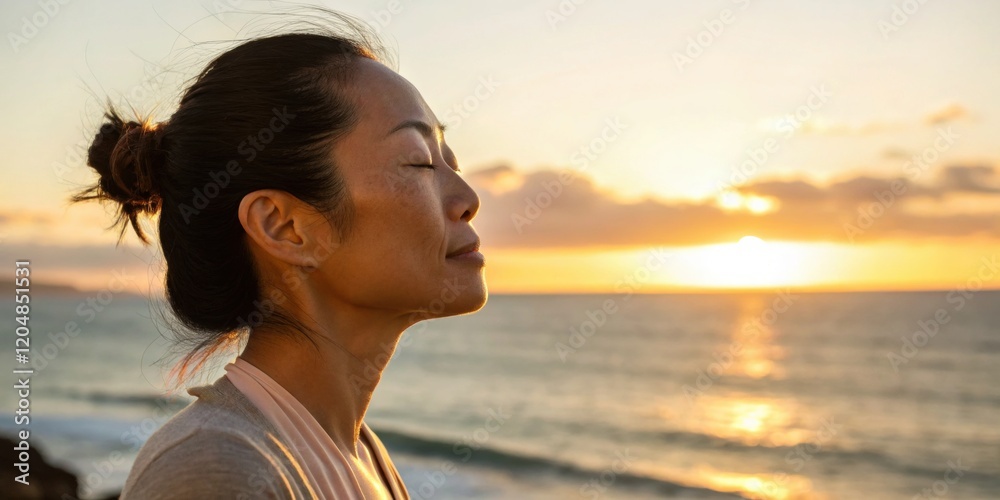 Serene woman meditating by ocean at sunset: relaxation and mindfulness Serene woman meditating by ocean at sunset: relaxation and mindfulness