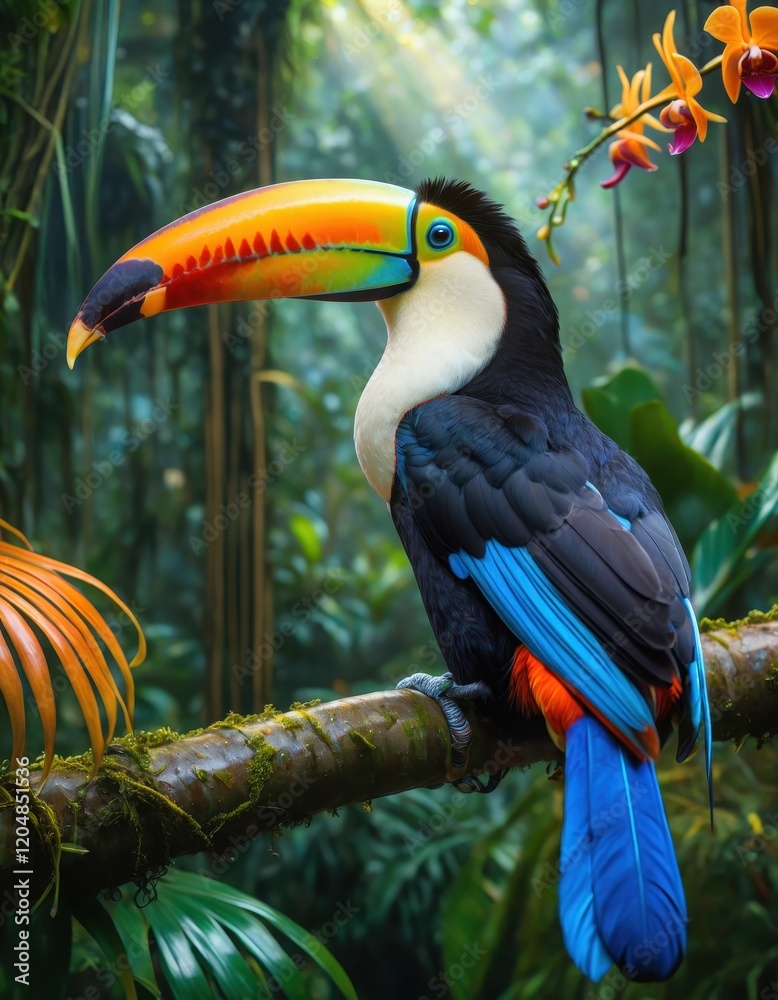 Obraz premium Vibrant toucan perched amidst lush tropical rainforest with sunlit canopy and exotic orchids