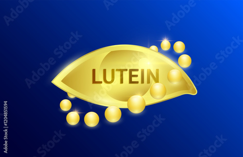 Golden eye surrounded by lutein on blue background. For design dietary supplement products. Natural extracts of marigold flowers. Help eyesight and vision. Medical scientific. 3D Vector.