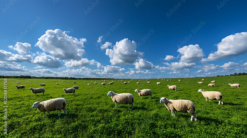 Sheep Grazing in a Lush Green Field Under a Blue Sky Sheep Grazing in a Lush Green Field Under a Blue Sky