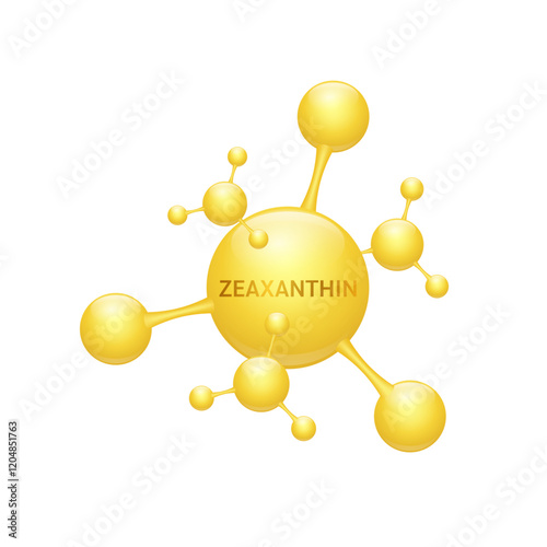 Zeaxanthin molecular form on white background. For design dietary supplement products. Natural extracts of marigold flowers. Help eyesight vision and healthy eye. Medical scientific. 3D Vector.