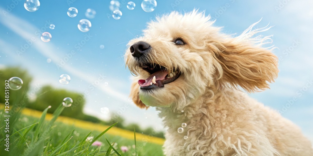 Joyful poodle puppy playing with bubbles in a sunny meadow Joyful poodle puppy playing with bubbles in a sunny meadow