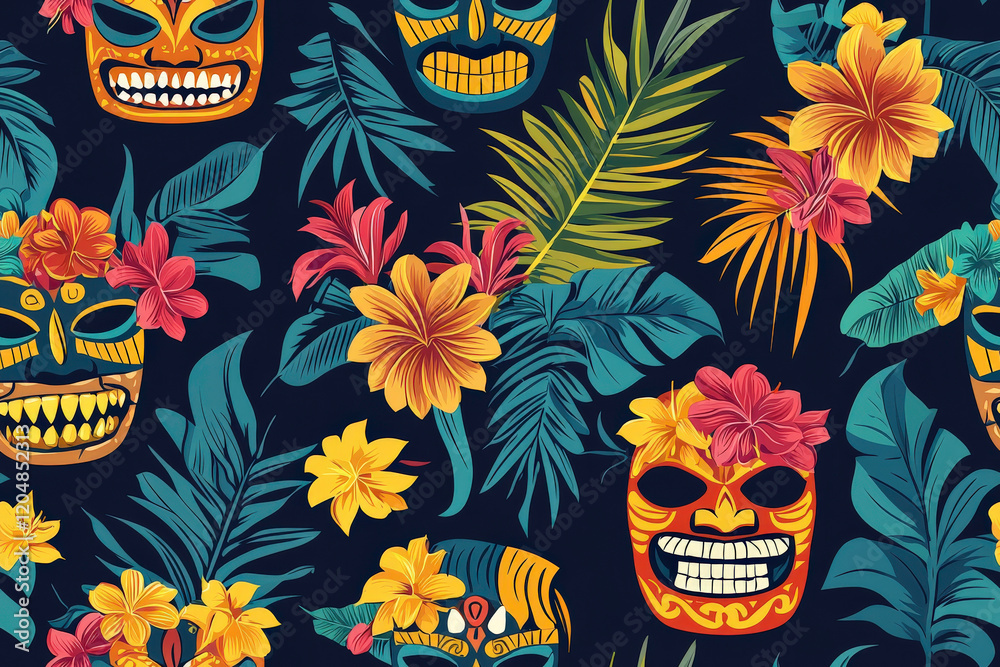 Obraz premium Vibrant Tropical Pattern with Colorful Masks, Exotic Flowers, and Lush Foliage Evoking a Lively Festive Atmosphere in a Tropical Setting
