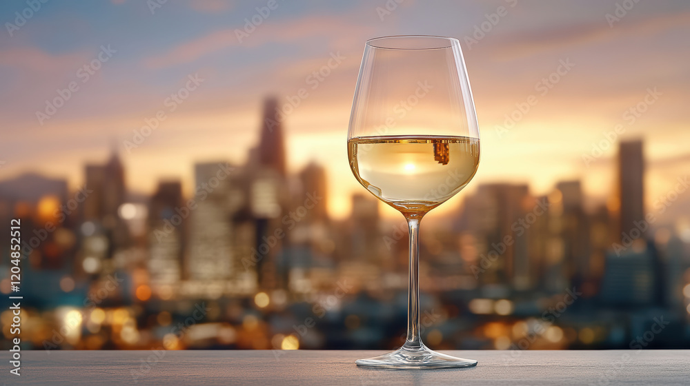 Obraz premium wine glass reflecting colorful sunset over city skyline