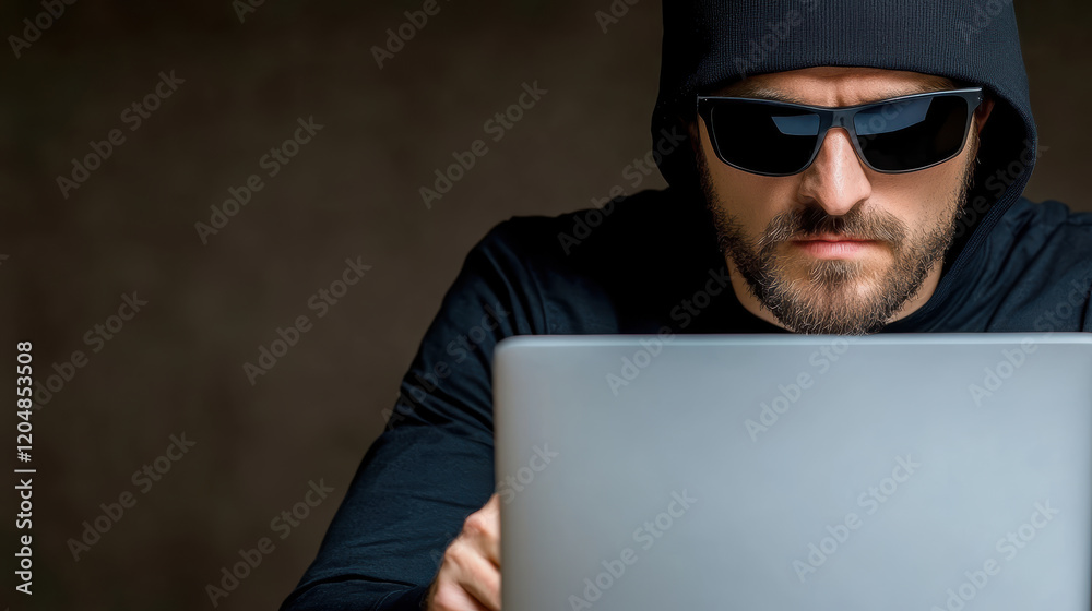 hacker wearing sunglasses uses laptop in dark environment