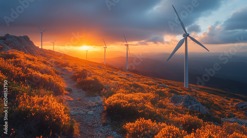 Wind turbines stand on a sunset lit hillside
