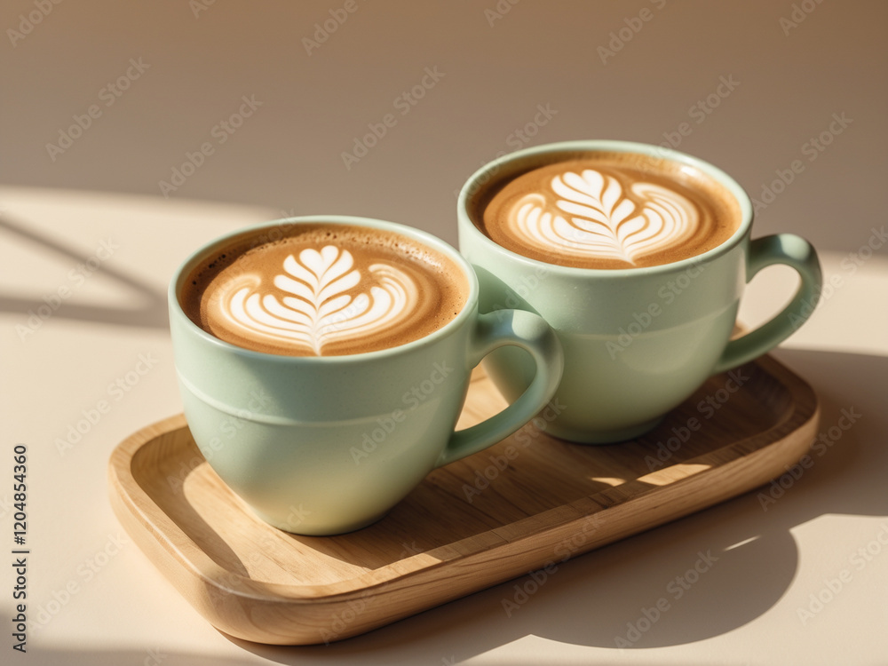 Two mint green cups of latte with intricate latte art, placed on a wooden tray in soft natural lighting. Two mint green cups of latte with intricate latte art, placed on a wooden tray in soft natural lighting.