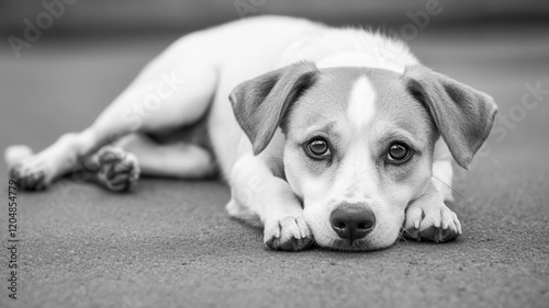 sad stray dog lying on ground, showcasing its expressive eyes, World spay day concept