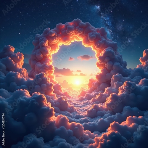 Whispy clouds conceal glowing portal entrance, dreamlike, mysterious