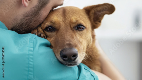 Warm photograph of vet staff hugging rescued pet, showing compassion and care, World spay day concept