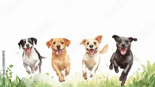 Happy dogs running joyfully in whimsical watercolor style painting, World spay day concept