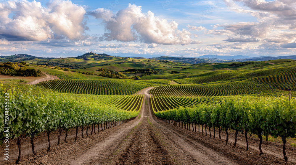 Fototapeta premium Lush vineyard landscape with rolling hills and dramatic clouds