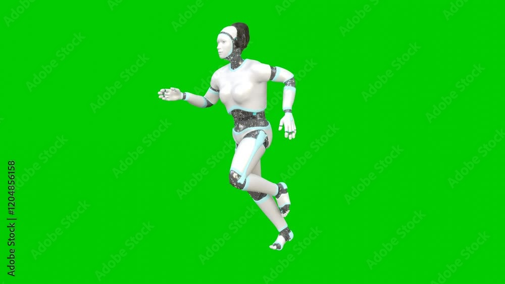 Female humanoid robot is running created by 3D modeling seamless looping animation on transparent greenback. Female humanoid robot is running created by 3D modeling seamless looping animation on transparent greenback.